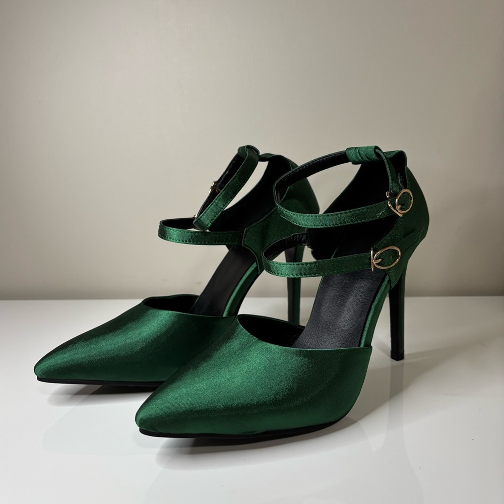 Emerald Satin Double Strap Pointed Toe High Heel Pumps
